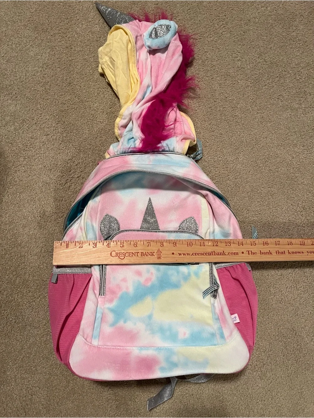 Unicorn Hoodie Tie-Dye Backpack with Pink Mane. Like New. Measurements in photos